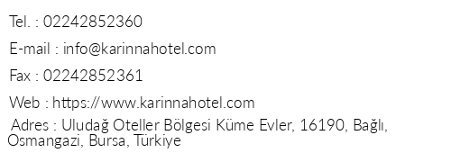 Karinna Hotel Uluda telefon numaralar, faks, e-mail, posta adresi ve iletiim bilgileri